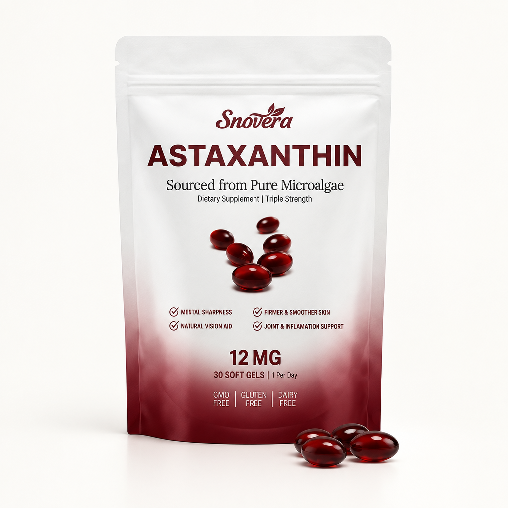 Snovera Astaxanthin 12 mg, 30 softgel pouch with ruby softgels — styled product image